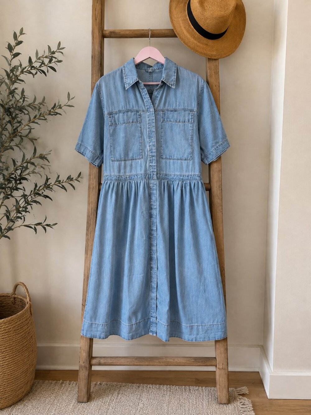 MAYE JAGGER CHAMBRAY DRESS Light Wash Denim Midi Shirtdress XL Button Front